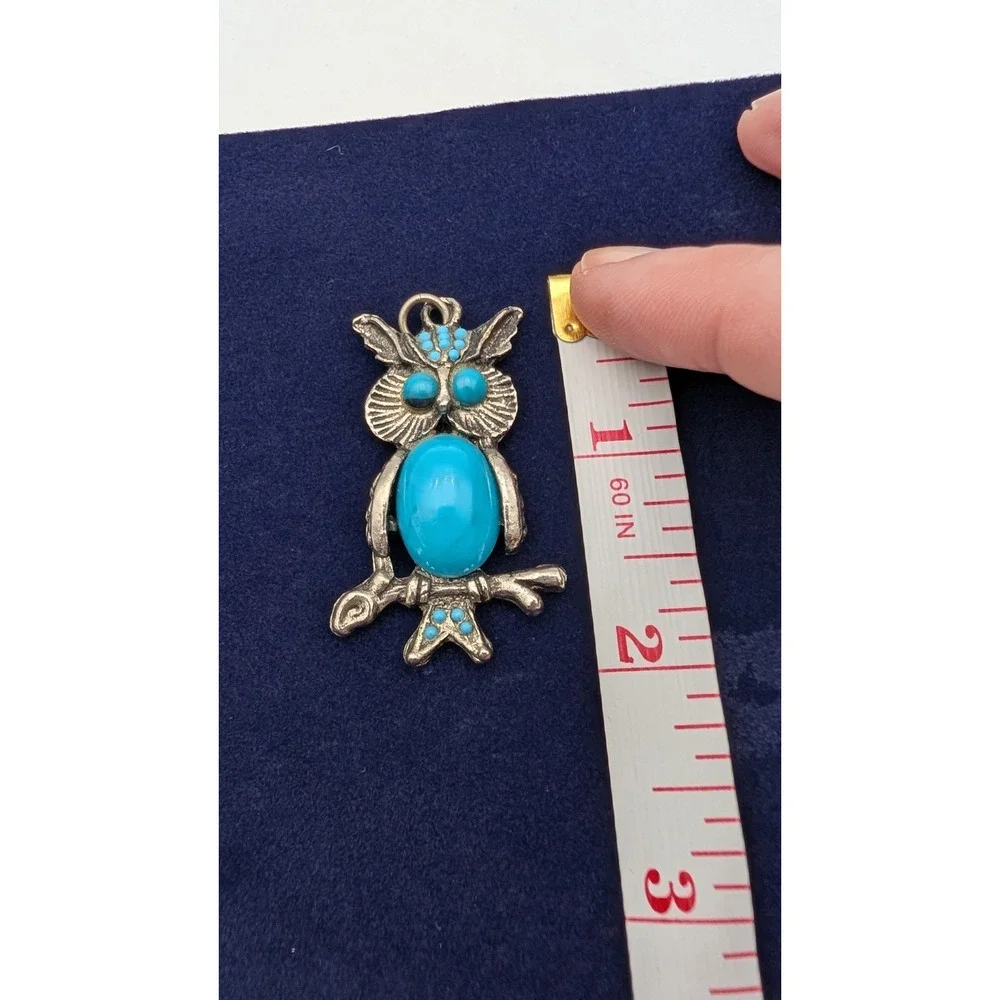 Vintage Silver Tone Owl Pendant Faux Turquoise Cabochon Boho Bird Jewelry